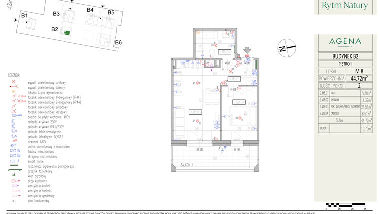 Rzut - Mieszkanie na sprzedaż 2 pokoje o powierzchni 44,72 m² - numer B2M8 w Rytm Natury