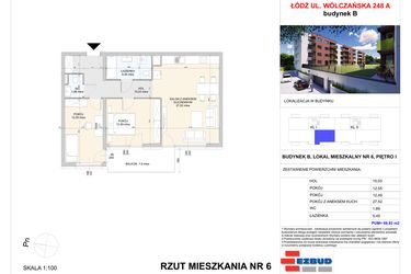 Rzut - Mieszkanie na sprzedaż 3 pokoje o powierzchni 69,93 m² - numer B.6 w Wólczańska 248 - etap II