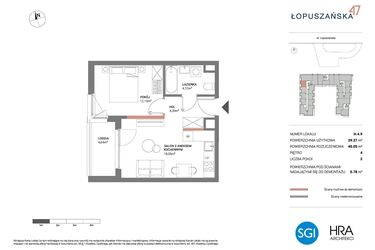 Rzut - Mieszkanie na sprzedaż 2 pokoje o powierzchni 40,05 m² - numer H.4.9 w Łopuszańska 47 - etap 3
