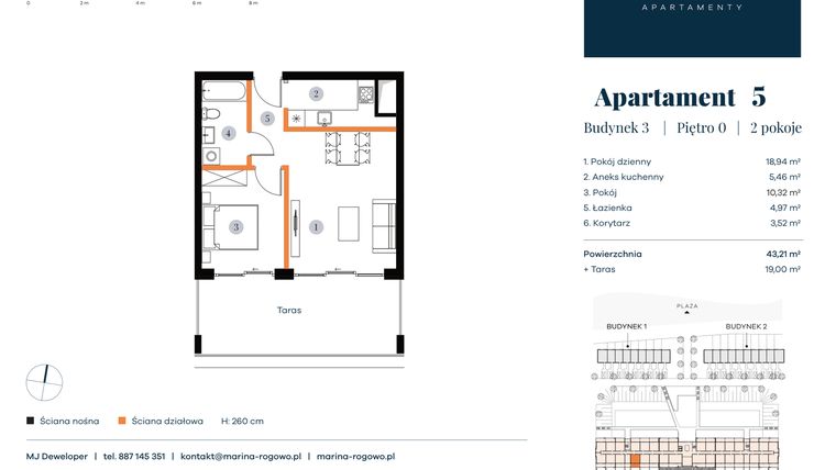 Rzut - Mieszkanie na sprzedaż 2 pokoje o powierzchni 43,21 m² - numer 5 w Apartamenty Marina Rogowo