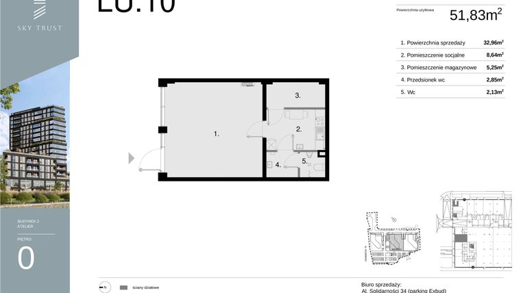 Rzut - Lokal użytkowy na sprzedaż 1 pokój o powierzchni 51,83 m² - numer LU10 w Sky Trust etap II