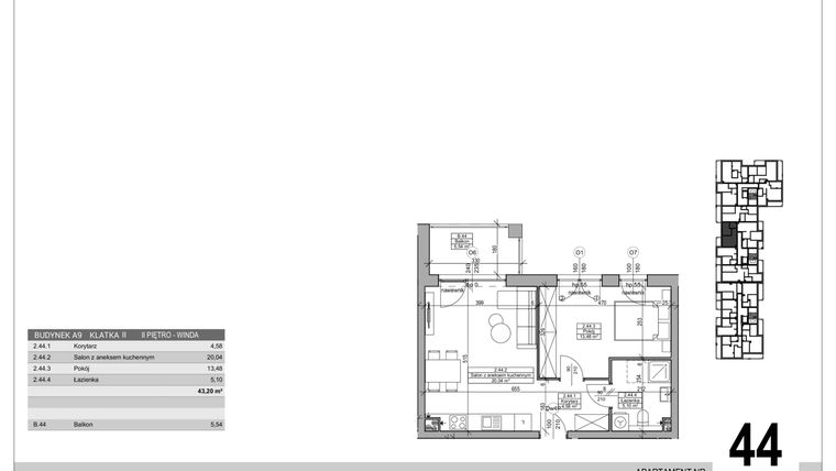 Rzut - Mieszkanie na sprzedaż 2 pokoje o powierzchni 43,2 m² - numer A.9.M.44 w Sobola Biel A9
