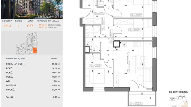 Rzut - Mieszkanie na sprzedaż 4 pokoje o powierzchni 64,02 m² - numer I-C57 w Industria etap I-D oraz I-C
