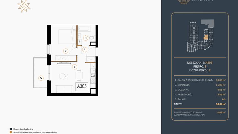 Rzut - Mieszkanie na sprzedaż 2 pokoje o powierzchni 38,54 m² - numer A.305 w Rezydencja Śródmiejska