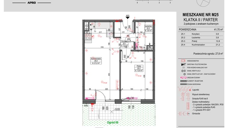 Rzut - Mieszkanie na sprzedaż 2 pokoje o powierzchni 41,7 m² - numer M25 w Antczaka 46