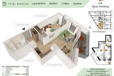 Rzut - Mieszkanie na sprzedaż 2 pokoje o powierzchni 39,59 m² - numer B2.M13 w Tutaj Bunscha