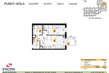 Rzut - Mieszkanie na sprzedaż 2 pokoje o powierzchni 43,35 m² - numer M23 w Punkt Wola