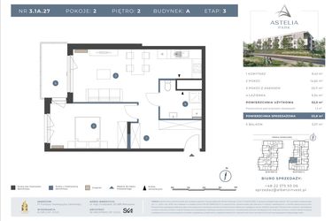 Rzut - Mieszkanie na sprzedaż 2 pokoje o powierzchni 52,5 m² - numer 3.1A.27 w Astelia Park etap 1A i 3