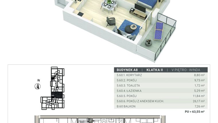 Rzut - Mieszkanie na sprzedaż 3 pokoje o powierzchni 63,55 m² - numer A.8.M60 w Sobola Biel A8