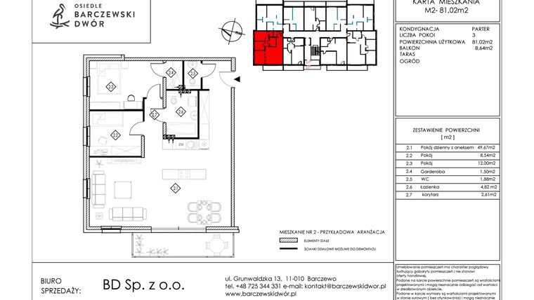 Rzut - Mieszkanie na sprzedaż 3 pokoje o powierzchni 81,02 m² - numer M2 w Osiedle Barczewski Dwór etap III