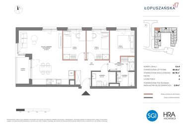 Rzut - Mieszkanie na sprzedaż 4 pokoje o powierzchni 82,86 m² - numer E.4.4 w Łopuszańska 47 - etap 2