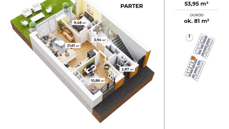 Rzut - Mieszkanie na sprzedaż 3 pokoje o powierzchni 53,44 m² - numer B-5 w Osiedle Lędziny