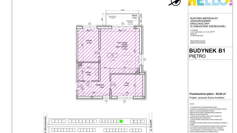 Rzut - Mieszkanie na sprzedaż 3 pokoje o powierzchni 62,84 m² - numer B1.2 w HELLO! KUKUŁKI bud. B