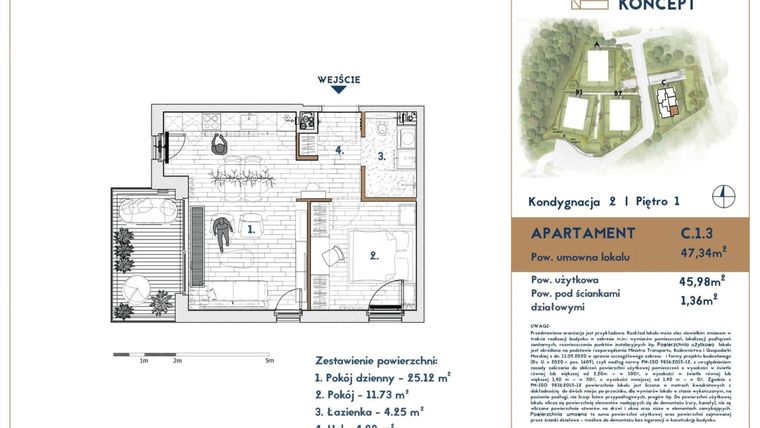 Rzut - Mieszkanie na sprzedaż 2 pokoje o powierzchni 47,34 m² - numer C.1.3 w Oliva Koncept II