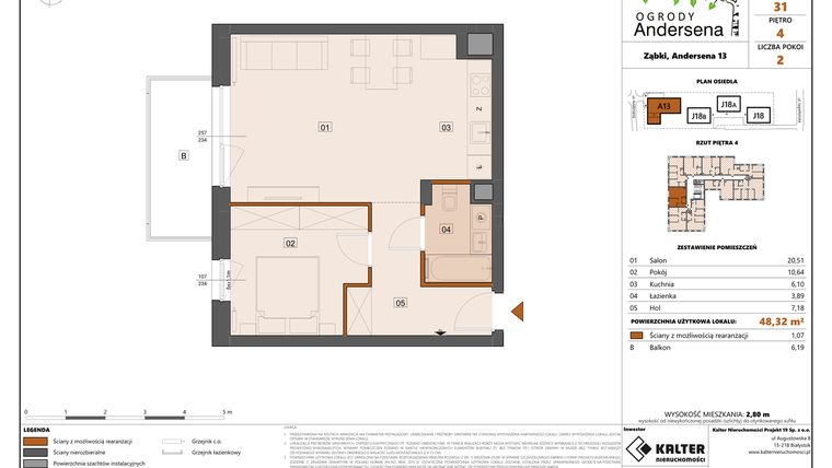 Rzut - Mieszkanie na sprzedaż 2 pokoje o powierzchni 48,32 m² - numer 31A w Ogrody Andersena