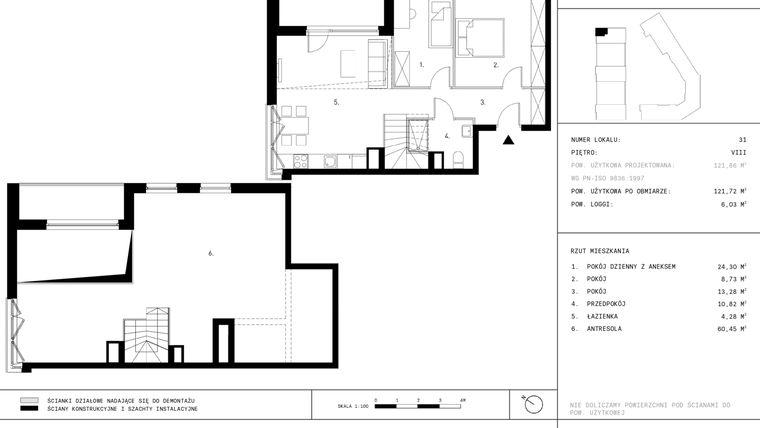 Rzut - Mieszkanie na sprzedaż 3 pokoje o powierzchni 121,72 m² - numer A1.P8 w Nocznickiego 29 bud. A