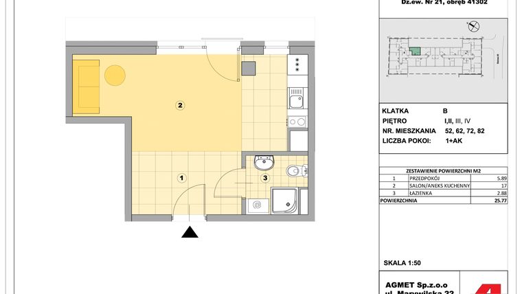 Rzut - Mieszkanie na sprzedaż 1 pokój o powierzchni 25,88 m² - numer 52 w Stalowa 65