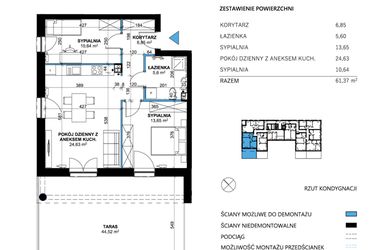Rzut - Mieszkanie na sprzedaż 3 pokoje o powierzchni 61,37 m² - numer 2 w Comfort Corner