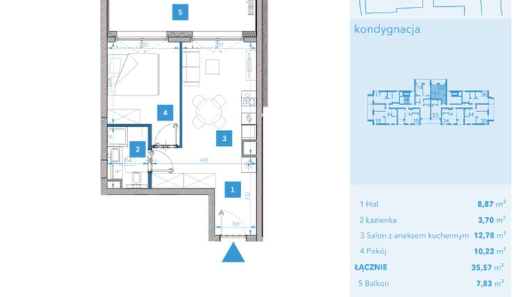 Rzut - Mieszkanie na sprzedaż 2 pokoje o powierzchni 35,57 m² - numer 32 w Apartamenty Macadamia