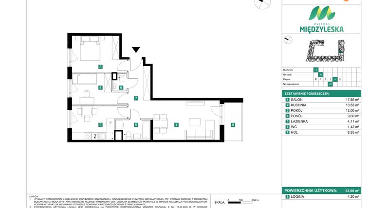Rzut - Mieszkanie na sprzedaż 3 pokoje o powierzchni 63,6 m² - numer 42 w Osiedle Międzyleska - etap II