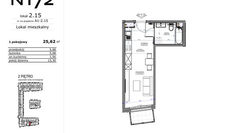 Rzut - Mieszkanie na sprzedaż 1 pokój o powierzchni 25,62 m² - numer 02.15 w Naramowicka 172