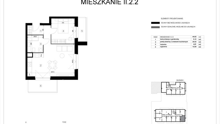 Rzut - Mieszkanie na sprzedaż 2 pokoje o powierzchni 44,83 m² - numer II.2.2 w Pryncypalna 66