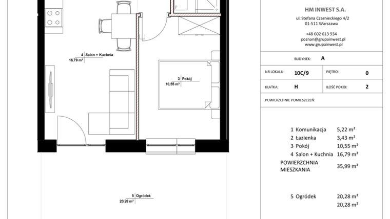 Rzut - Mieszkanie na sprzedaż 2 pokoje o powierzchni 35,99 m² - numer 10C/9 w Jasielska 8C etap II