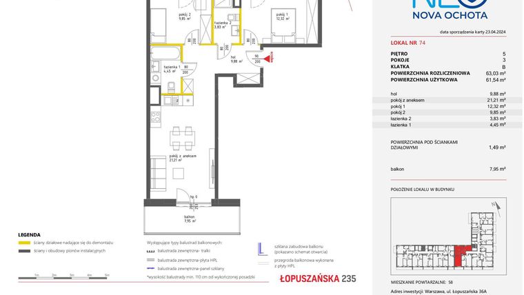 Rzut - Mieszkanie na sprzedaż 3 pokoje o powierzchni 63,03 m² - numer 74 w Neo Nova Ochota