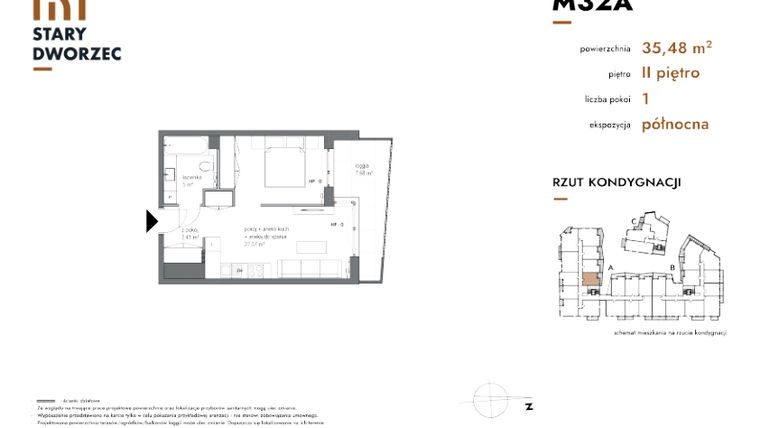 Rzut - Mieszkanie na sprzedaż 1 pokój o powierzchni 35,48 m² - numer M 32A w Stary Dworzec
