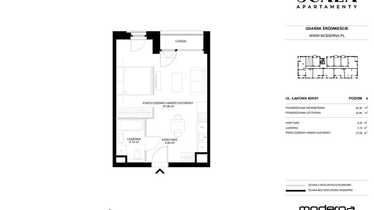 Rzut - Mieszkanie na sprzedaż 1 pokój o powierzchni 35,66 m² - numer K-61 (E) w Scala