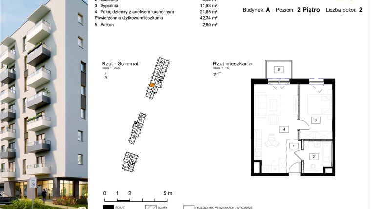 Rzut - Mieszkanie na sprzedaż 2 pokoje o powierzchni 42,34 m² - numer A.23 w Osiedle Kochanowskiego - Gliwice