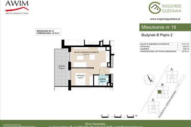 Rzut - Mieszkanie na sprzedaż 2 pokoje o powierzchni 34,79 m² - numer B16 w Wzgórze Gustawa