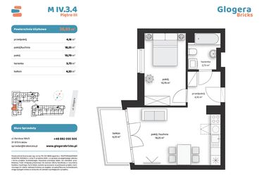 Rzut - Mieszkanie na sprzedaż 2 pokoje o powierzchni 36,93 m² - numer M IV.3.4 w Glogera Bricks