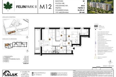 Rzut - Mieszkanie na sprzedaż 3 pokoje o powierzchni 56 m² - numer B1.M12 w Felin Park II