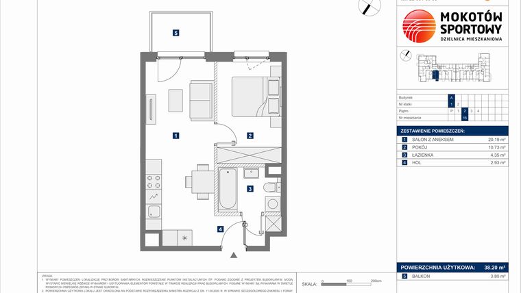 Rzut - Mieszkanie na sprzedaż 2 pokoje o powierzchni 38,2 m² - numer A.15 w Mokotów Sportowy 3.1