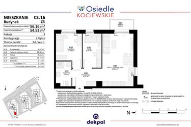 Rzut - Mieszkanie na sprzedaż 3 pokoje o powierzchni 54,53 m² - numer C3.16 w Osiedle Kociewskie etap III
