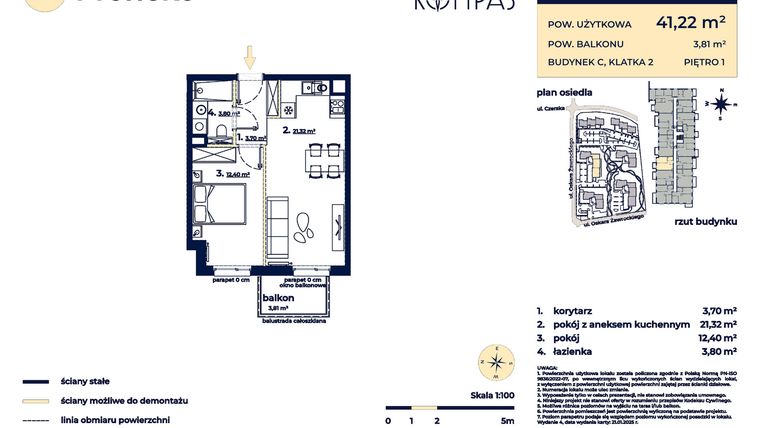 Rzut - Mieszkanie na sprzedaż 2 pokoje o powierzchni 41,22 m² - numer C52 w Osiedle Kompas
