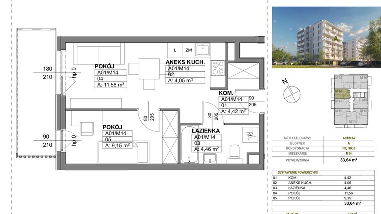 Rzut - Mieszkanie na sprzedaż 2 pokoje o powierzchni 33,64 m² - numer A00_M14 w Wierzbowy Park