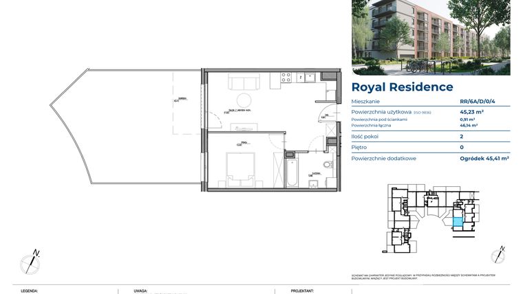 Rzut - Mieszkanie na sprzedaż 2 pokoje o powierzchni 45,23 m² - numer RR/6A/D/0/4 w Royal Residence 6A