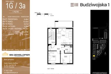 Rzut - Mieszkanie na sprzedaż 3 pokoje o powierzchni 48,27 m² - numer 1G/3a w Budziwojska 3