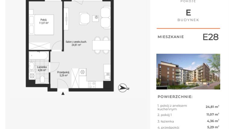 Rzut - Mieszkanie na sprzedaż 2 pokoje o powierzchni 45,53 m² - numer E28 w Na Koszutce II
