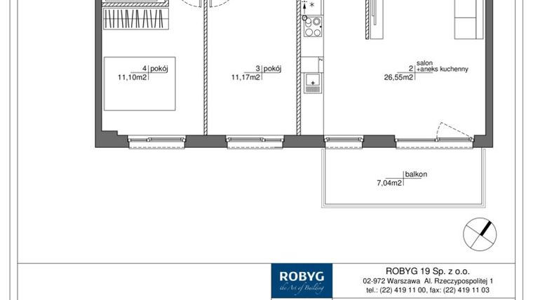 Rzut - Mieszkanie na sprzedaż 3 pokoje o powierzchni 62,7 m² - numer RM/1A/D/2/2 w Rytm Mokotowa - etap 1A