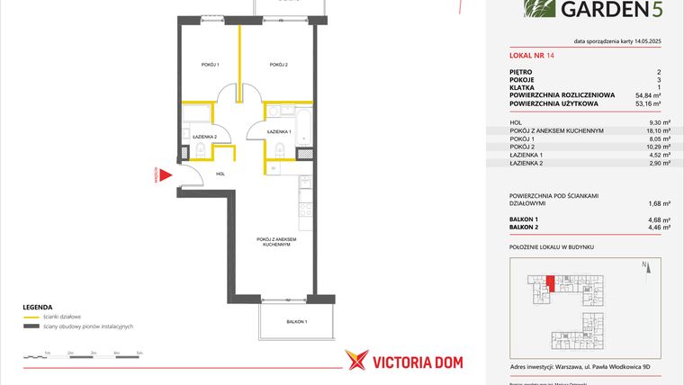Rzut - Mieszkanie na sprzedaż 3 pokoje o powierzchni 54,84 m² - numer 14 w Nova Viva Garden 5
