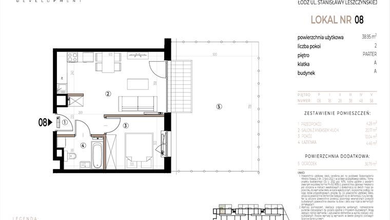 Rzut - Mieszkanie na sprzedaż 2 pokoje o powierzchni 38,95 m² - numer A008 w Ustronna