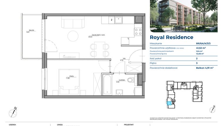Rzut - Mieszkanie na sprzedaż 2 pokoje o powierzchni 41,52 m² - numer RR/6A/A/3/2 w Royal Residence 6A