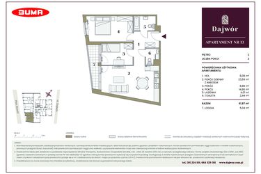 Rzut - Mieszkanie na sprzedaż 3 pokoje o powierzchni 61,87 m² - numer 13 w Dajwór