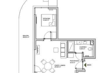 Rzut - Mieszkanie na sprzedaż 2 pokoje o powierzchni 45,44 m² - numer M24 w Zielona Marina - Apartamenty inwestycyjne