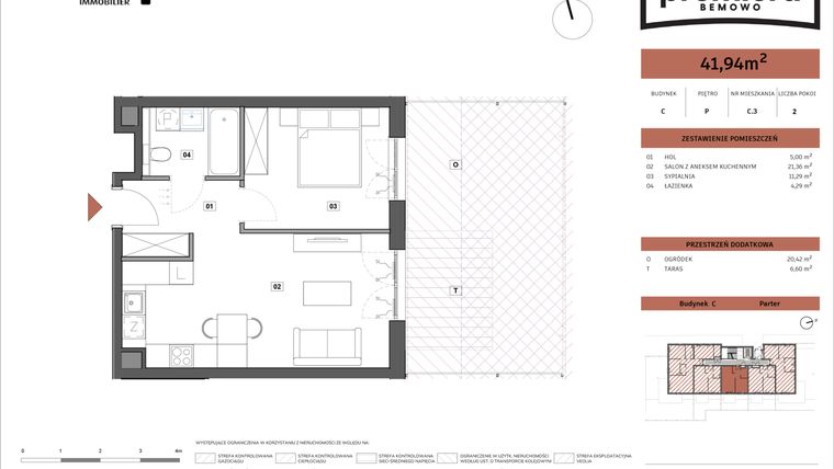 Rzut - Mieszkanie na sprzedaż 2 pokoje o powierzchni 41,94 m² - numer C.03 w Premiera Bemowo