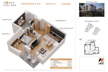 Rzut - Mieszkanie na sprzedaż 2 pokoje o powierzchni 46,59 m² - numer A.6.9 w Rondo Ceglana etap II