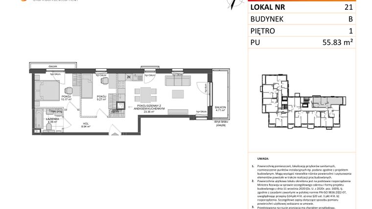 Rzut - Mieszkanie na sprzedaż 3 pokoje o powierzchni 55,83 m² - numer B.21 w Wzgórze Hoplity etap II